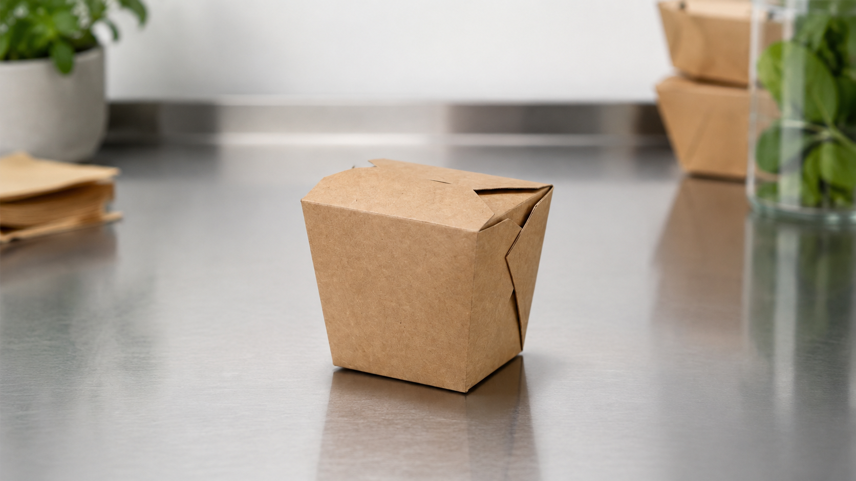 Stack of kraft paper food boxes on a stainless steel restaurant prep counter