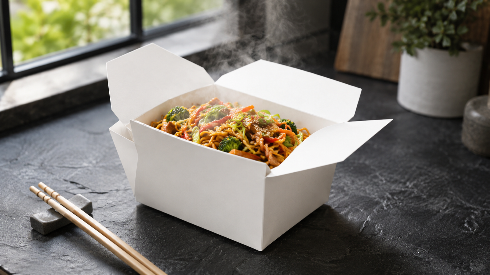 Plain white folded food box with noodles