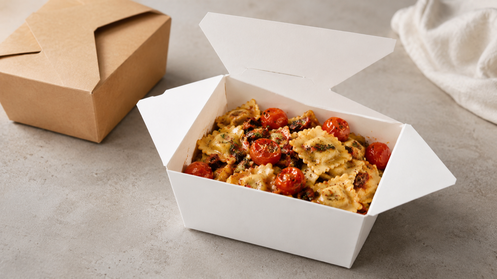 Blank white folded food box with a ravioli meal
