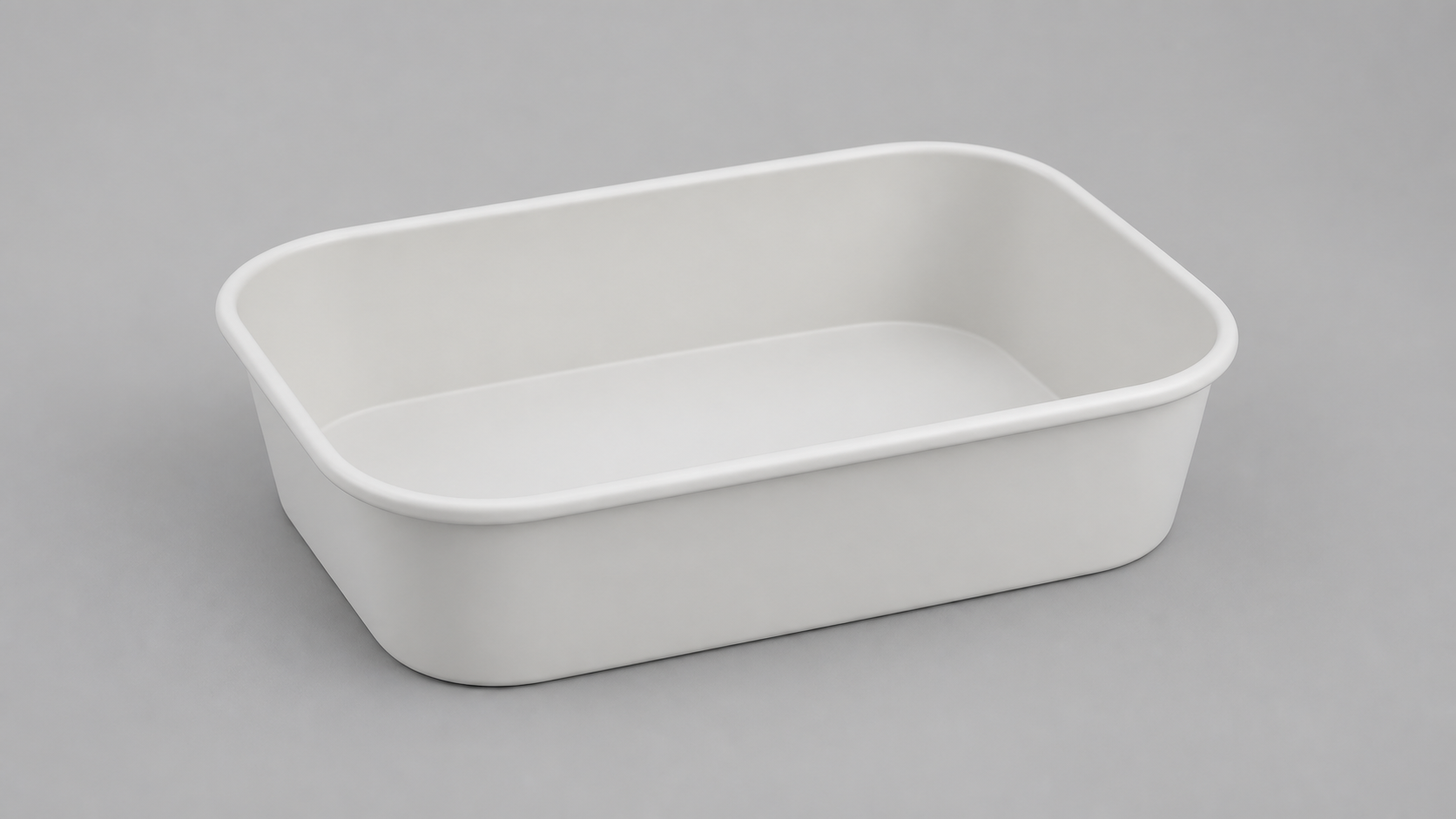 Shallow white rectangular food container on a grey background.