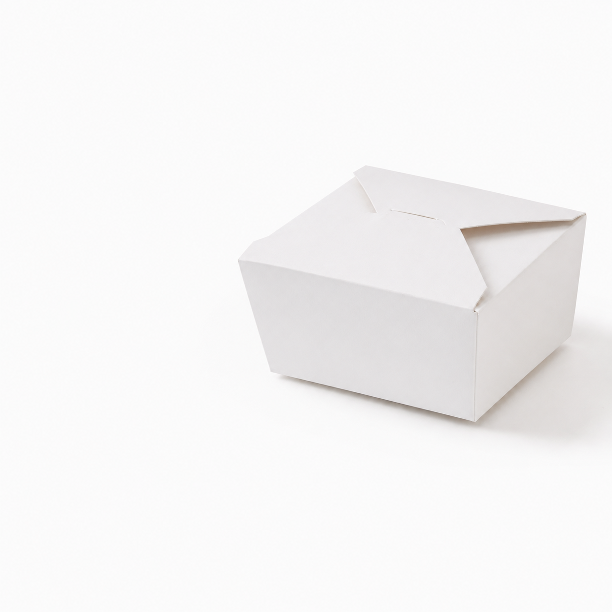 Closed white paperboard takeaway carton on a white background