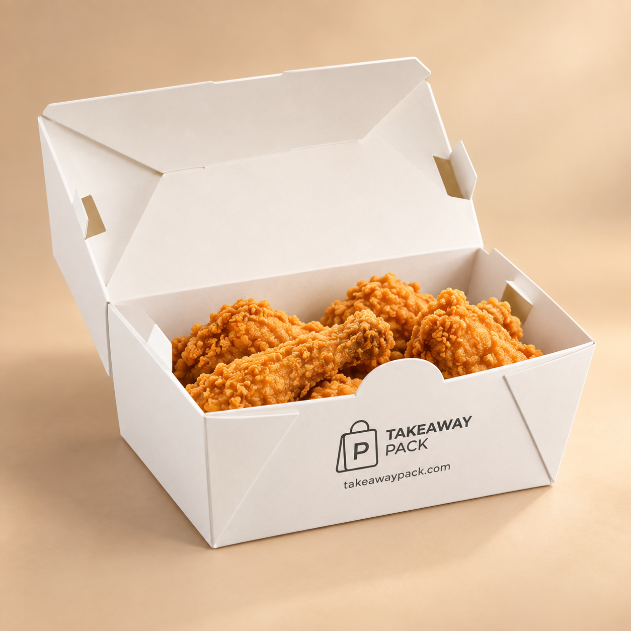 Fried chicken in an open branded white paper box