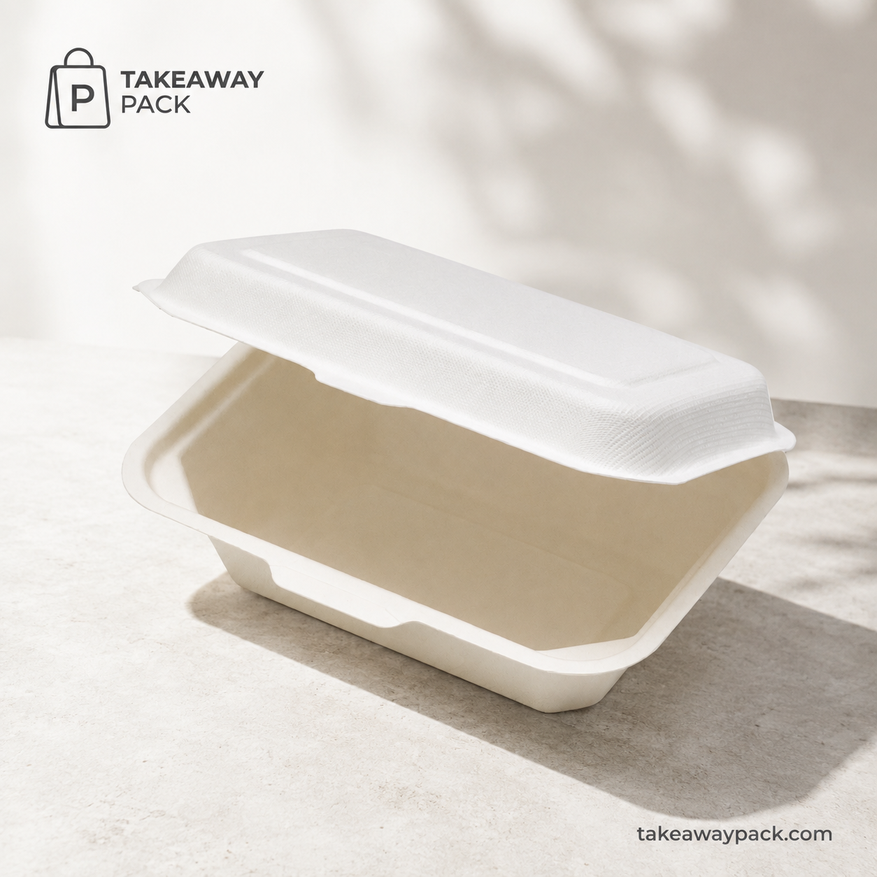Open white rectangular molded-fiber container with a separate lid