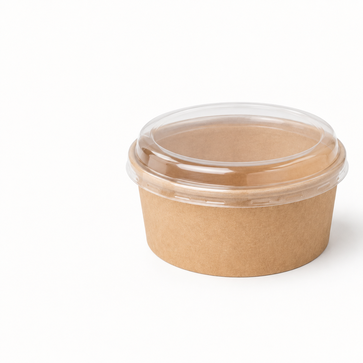 Round kraft paper takeaway container with a clear domed lid on a white background