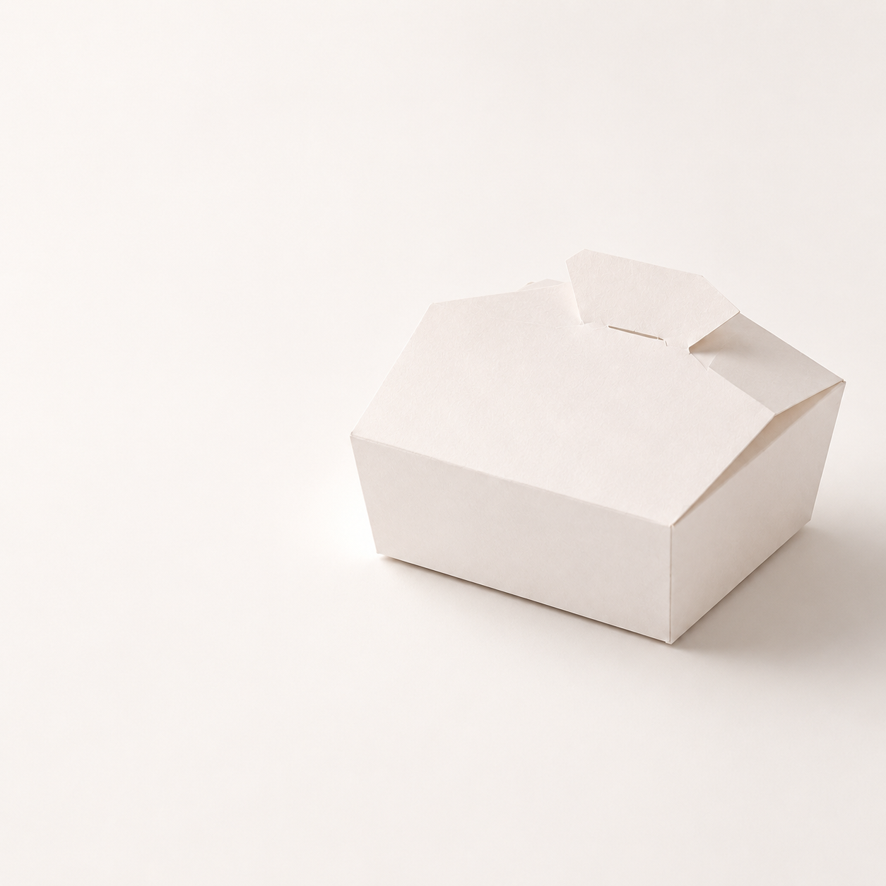 Closed white paperboard takeaway box with a folded handle on a light background