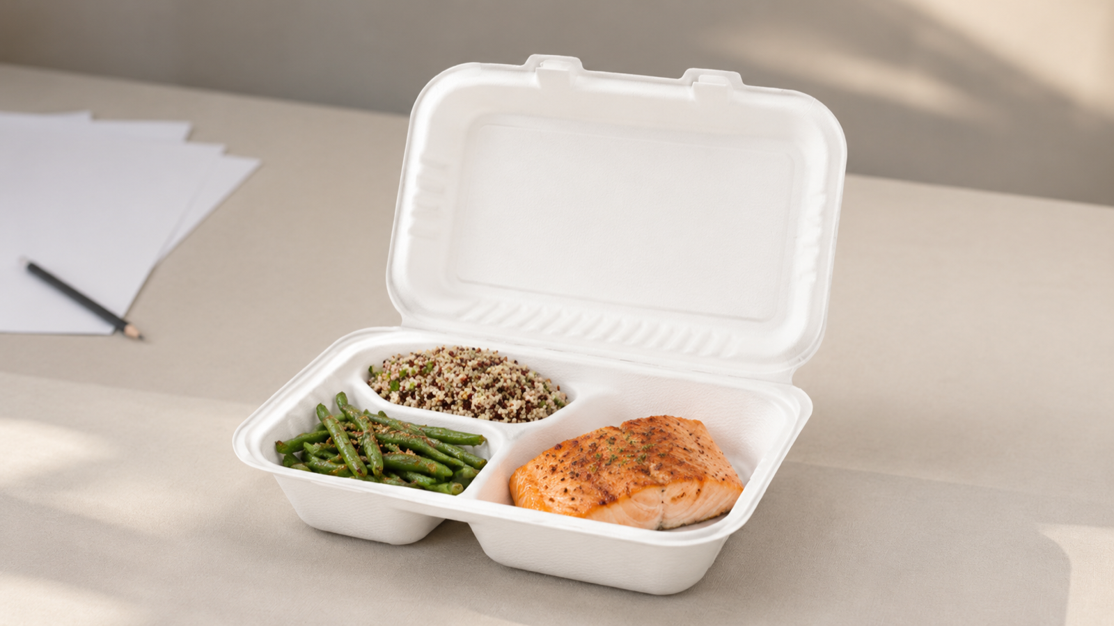 Molded-fiber three-compartment container with a meal