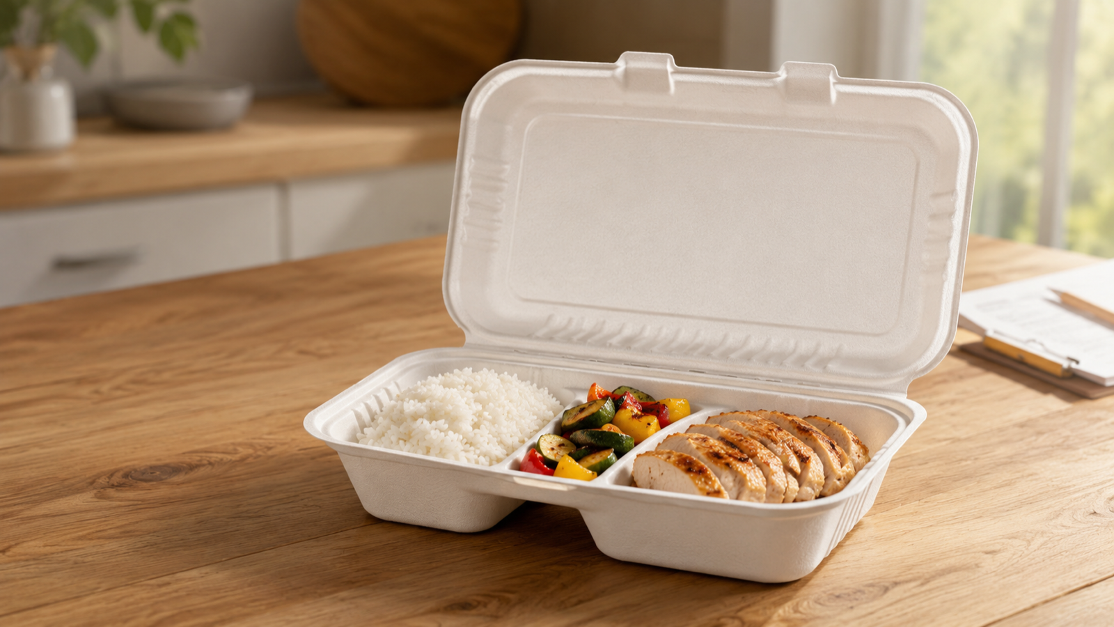 Molded-fiber three-compartment container with a meal