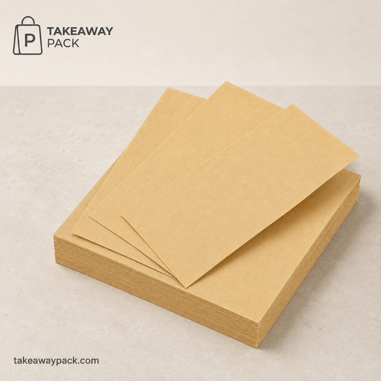 Stack of kraft paper sheets on a light stone surface