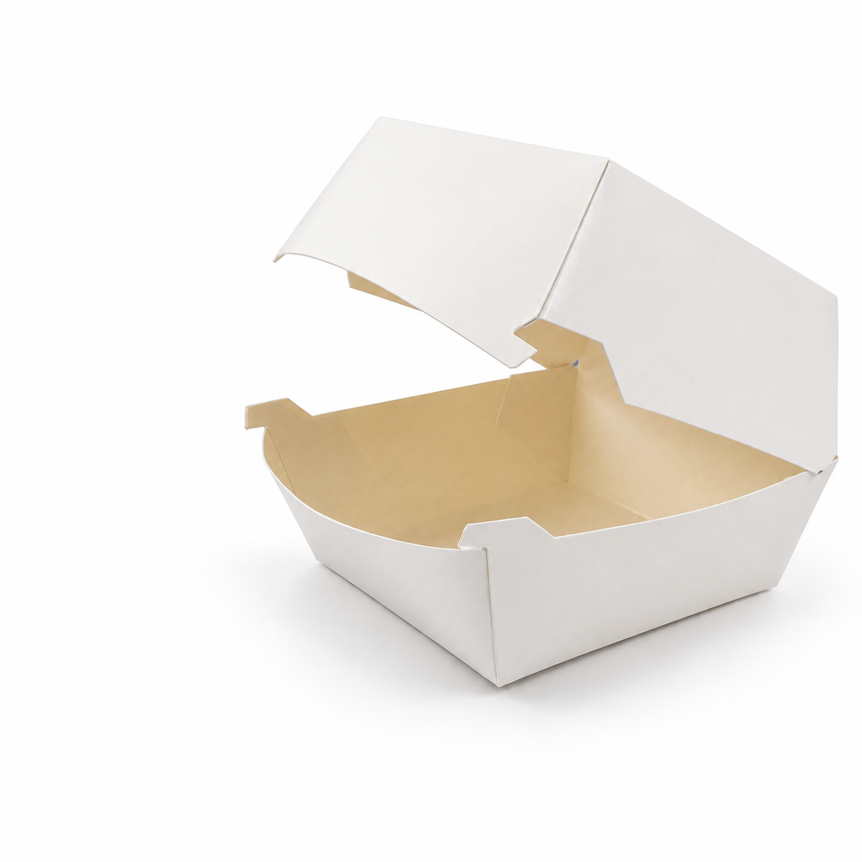 Open white paperboard takeaway box on a white background