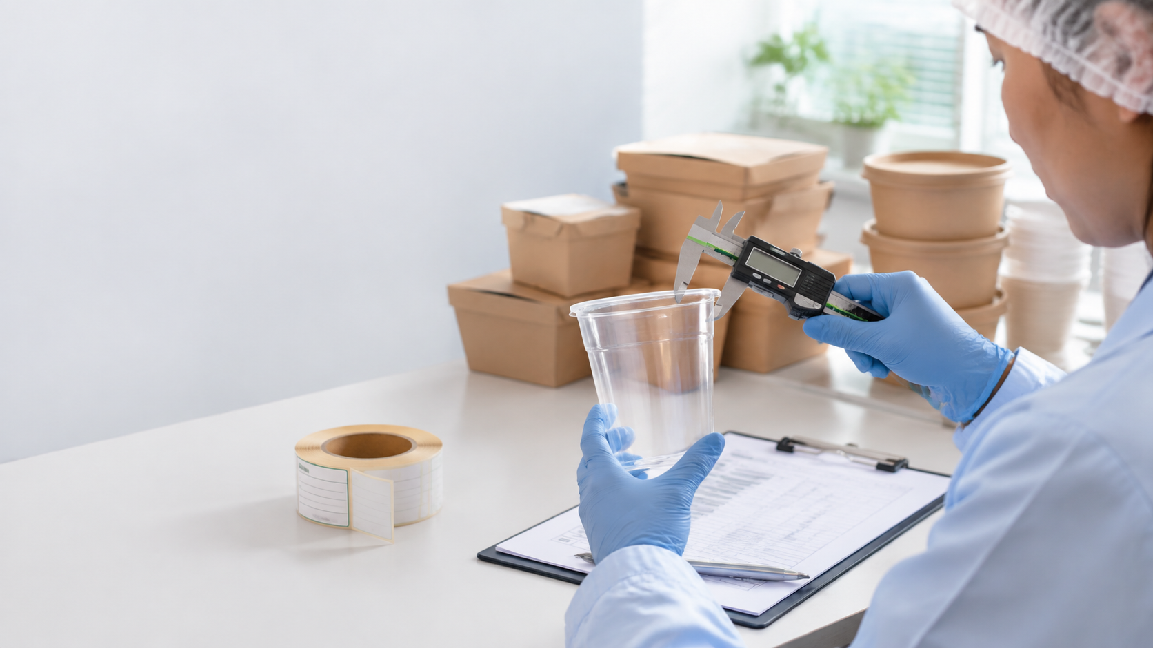 Quality inspector measuring an unbranded foodservice cup as part of a packaging specification and traceability review.
