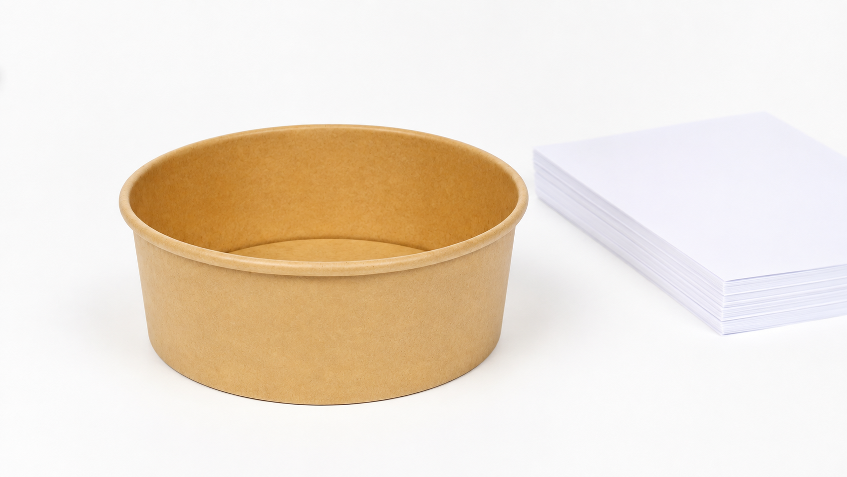 Plain kraft paper bowl used as a product-form reference for documentation review; no certification or recycled-content claim is implied.