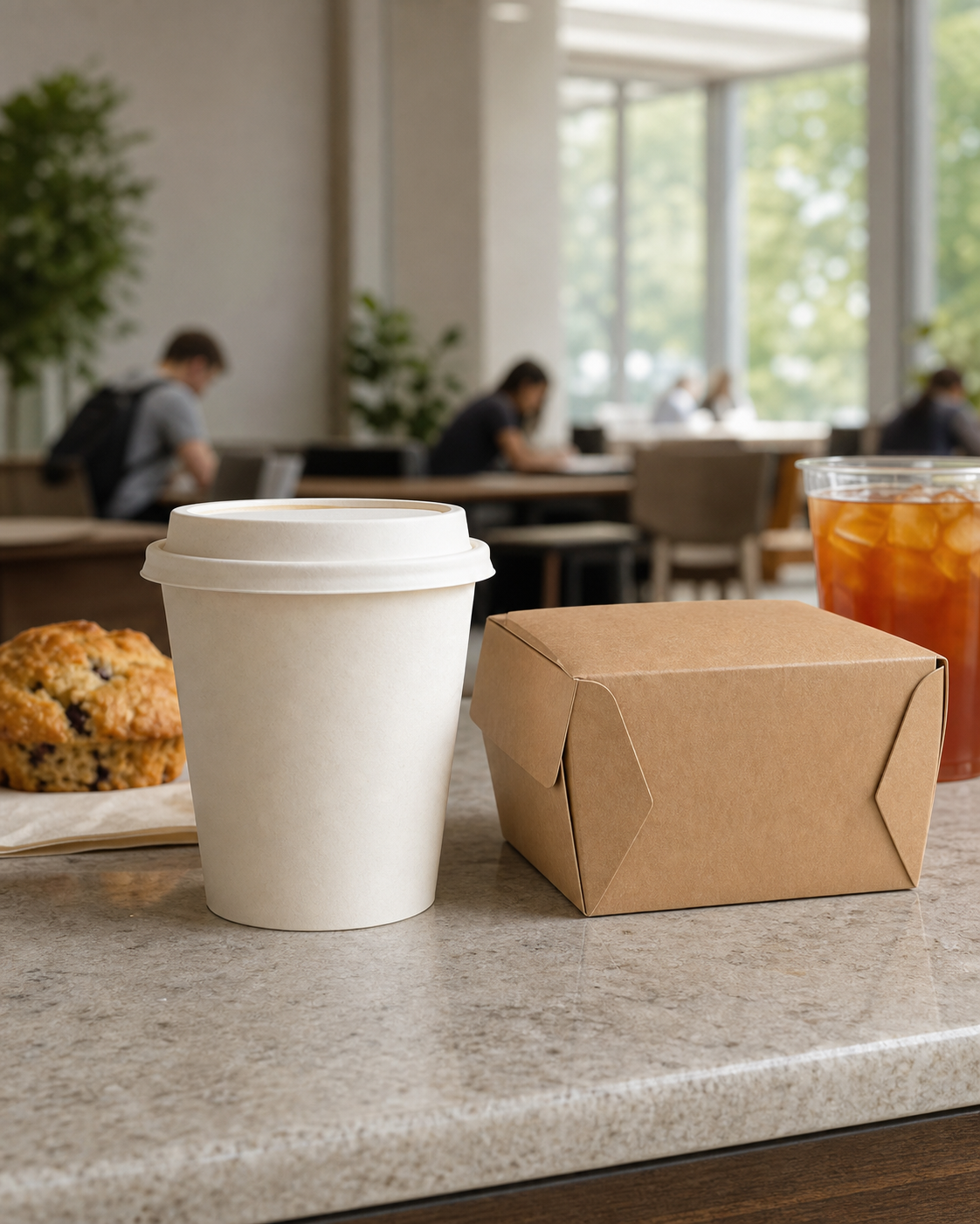 Unbranded paper food cup and kraft takeout box arranged centrally on a cafe counter