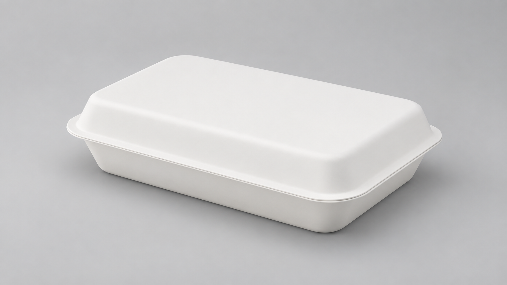 Closed white rectangular takeaway container on a grey background.