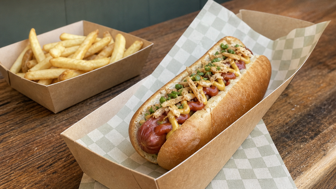 Unbranded kraft food trays holding a hot dog and fries, centred on a restaurant counter