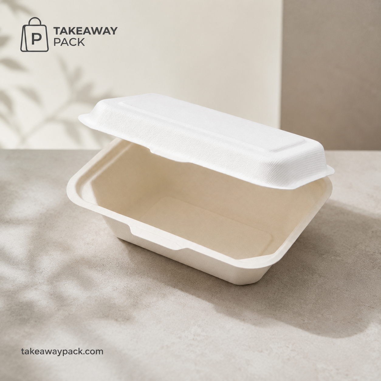 Open white molded-fiber takeaway tray with a separate lid