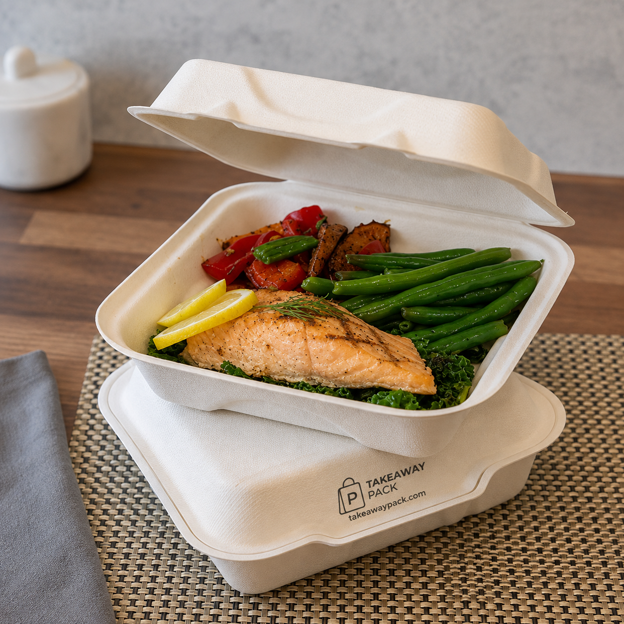 Small trial batch of unprinted and custom printed takeaway containers stacked for testing