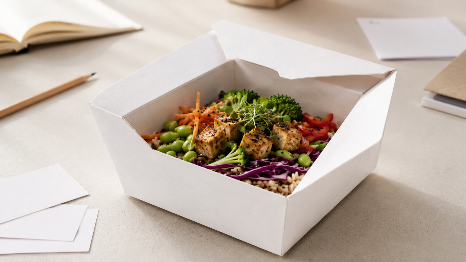 Blank white folded food box with a grain bowl