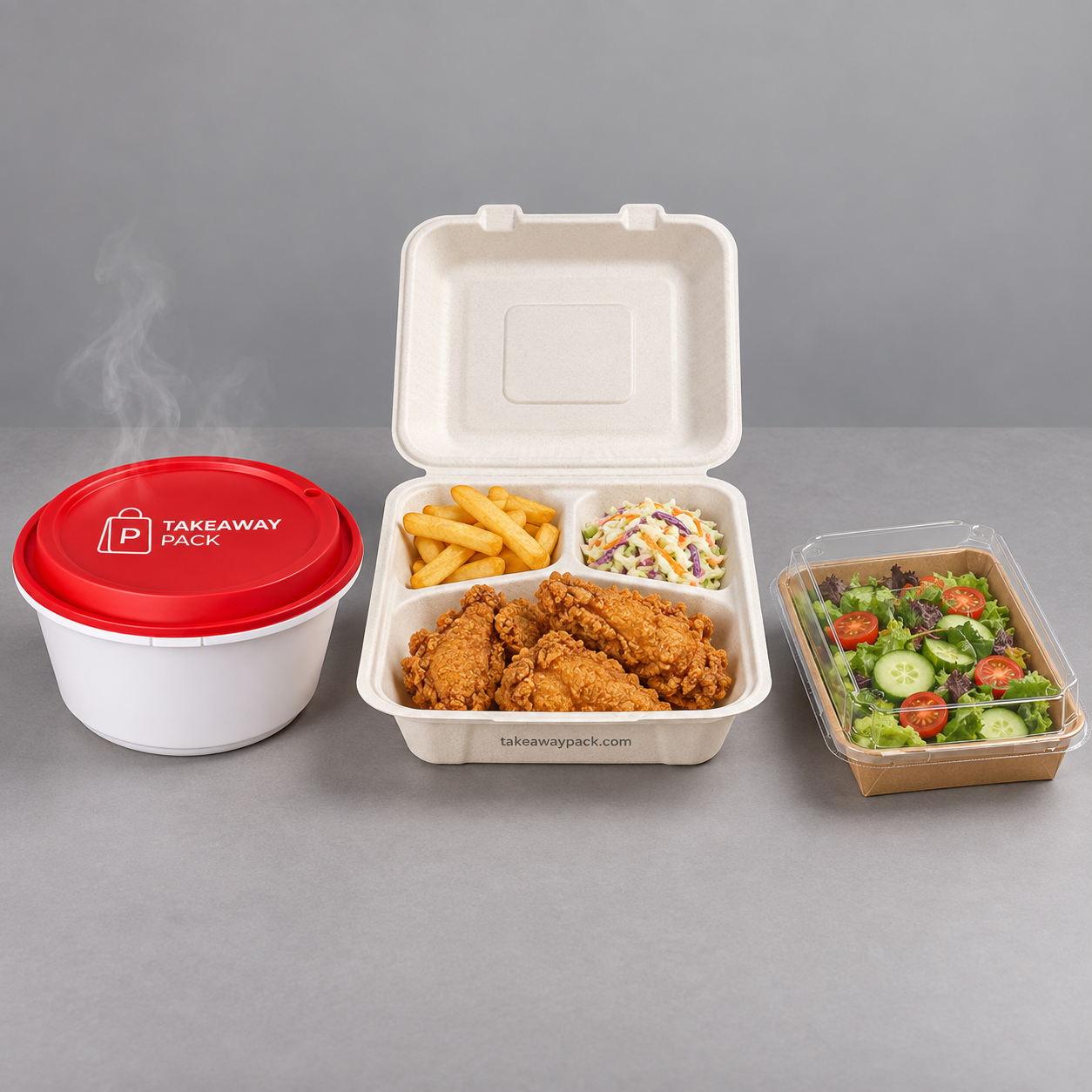 Three containers in a row: a white round tub with a red printed lid, a white compartment tray holding fried chicken, fries and salad, and a clear plastic box of vegetable salad.