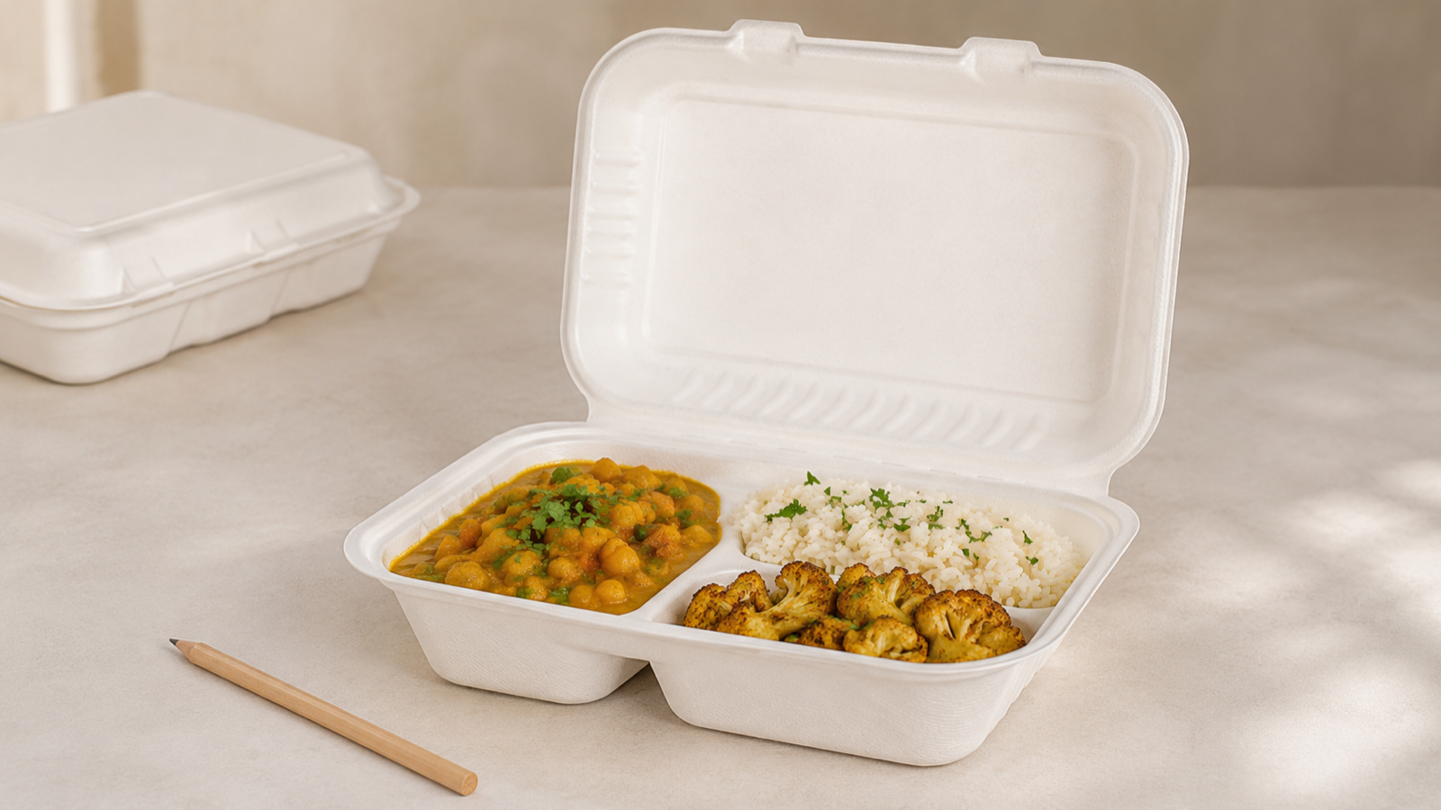 Molded-fiber three-compartment container with a meal