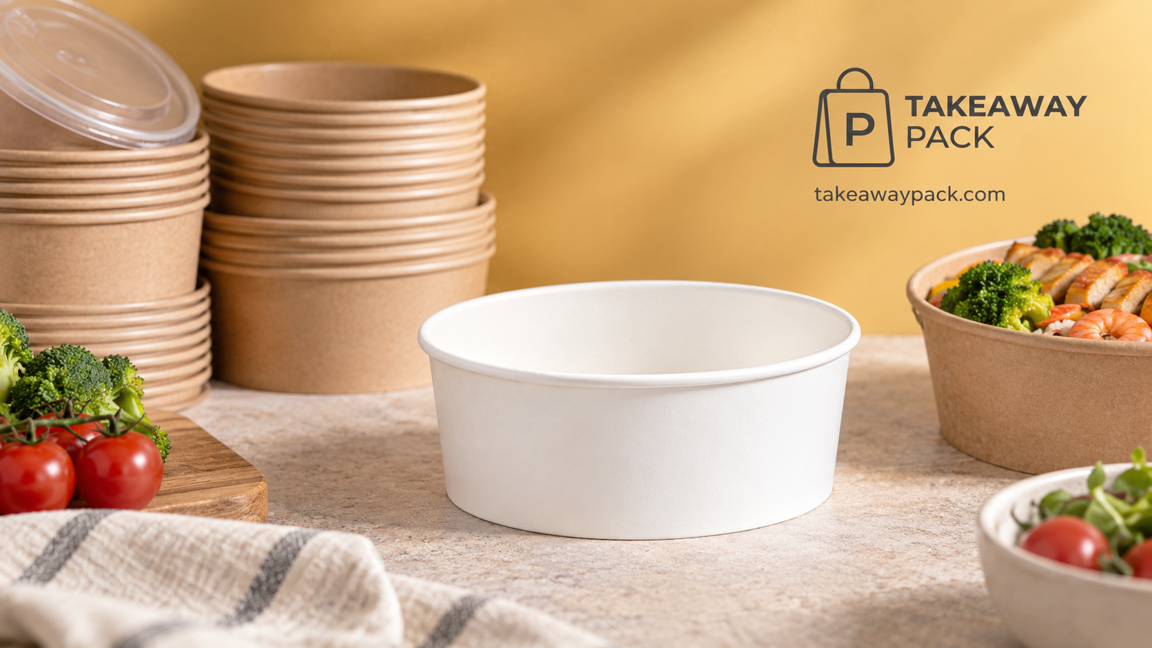 Empty white paper bowl on a stone surface beside stacked kraft bowls, salad-filled containers, broccoli, tomatoes, and a striped cloth.