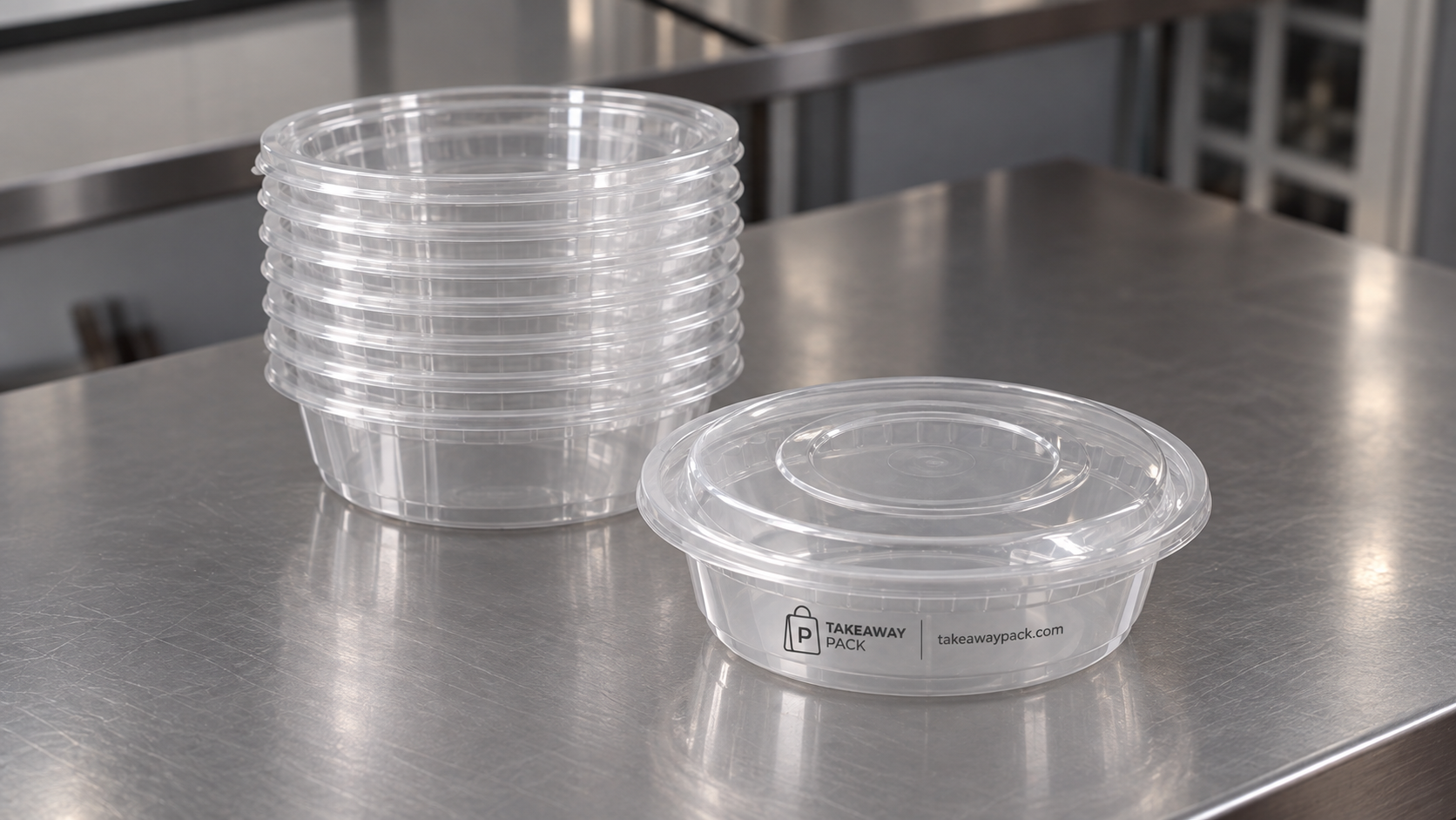 Stack of clear round food containers beside a lidded container on a metal counter.