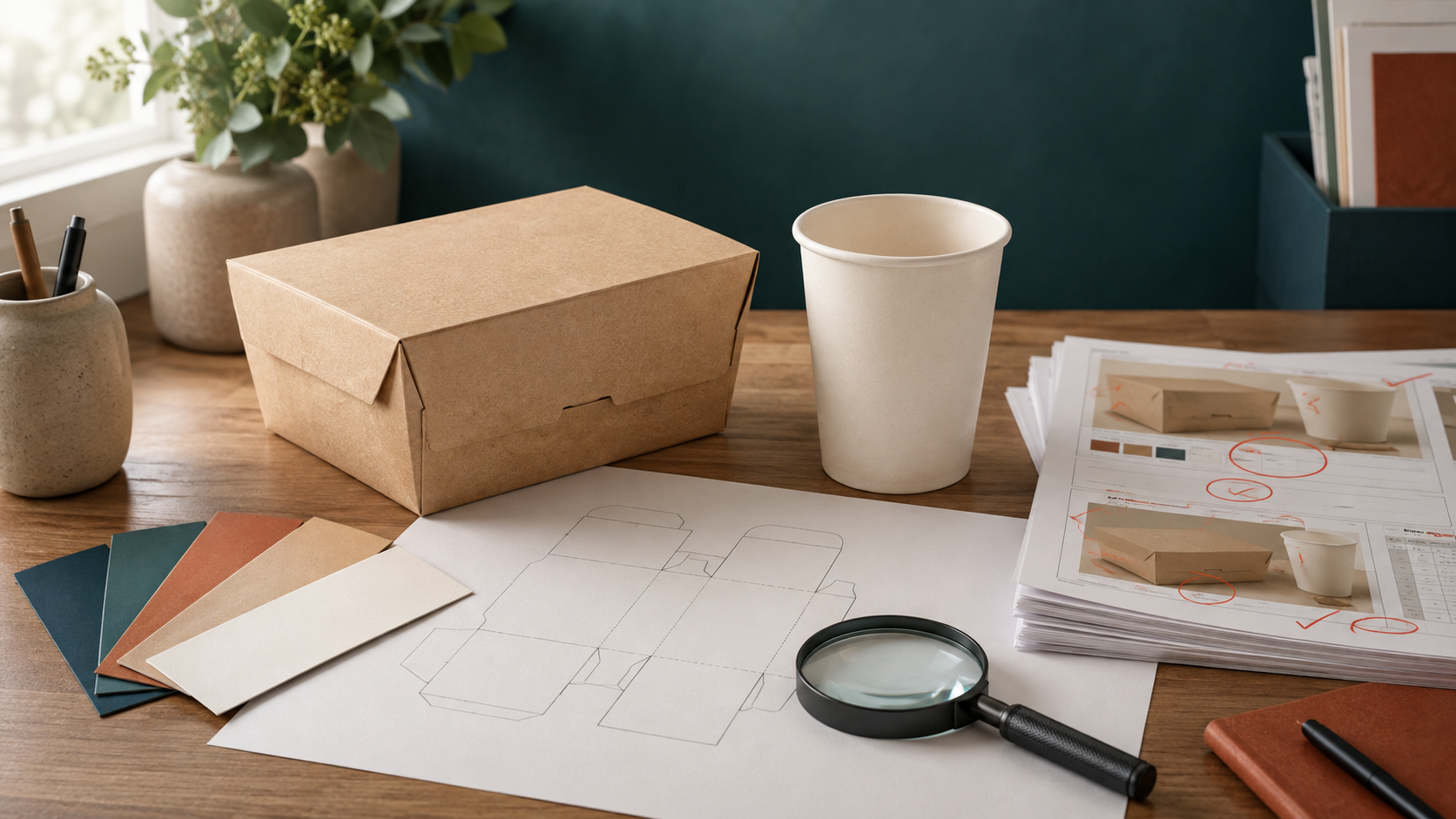 Unbranded foodservice pack, colour swatches, dieline, and annotated proofs used to illustrate a controlled artwork-approval review.