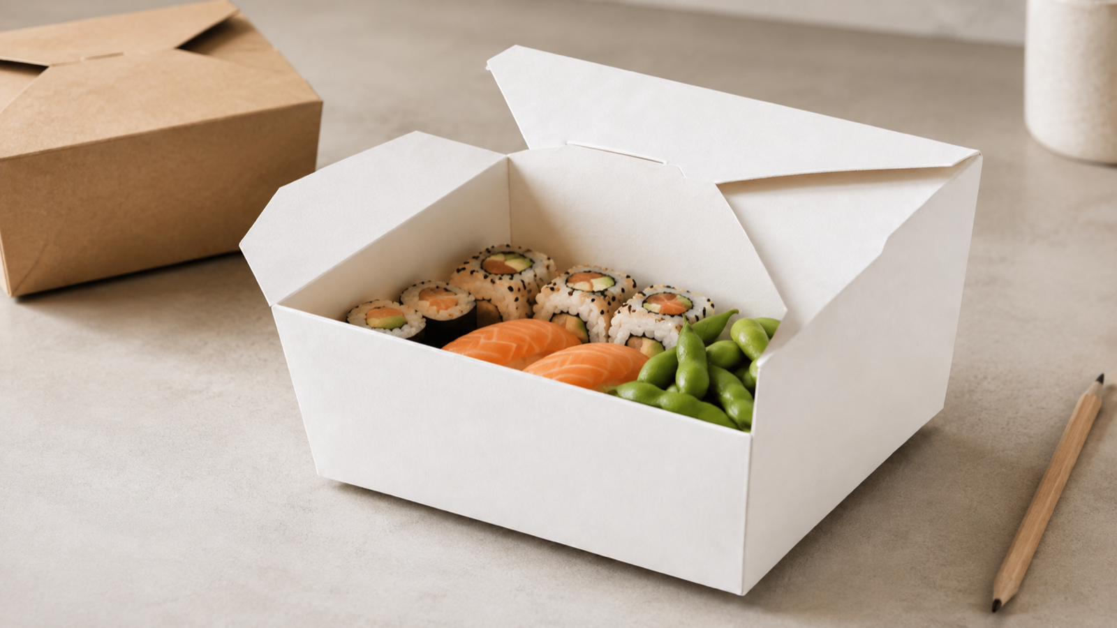 Blank white folded food box with sushi