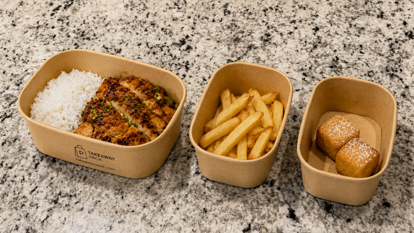 Kraft paper takeaway boxes in two sizes on a speckled granite surface