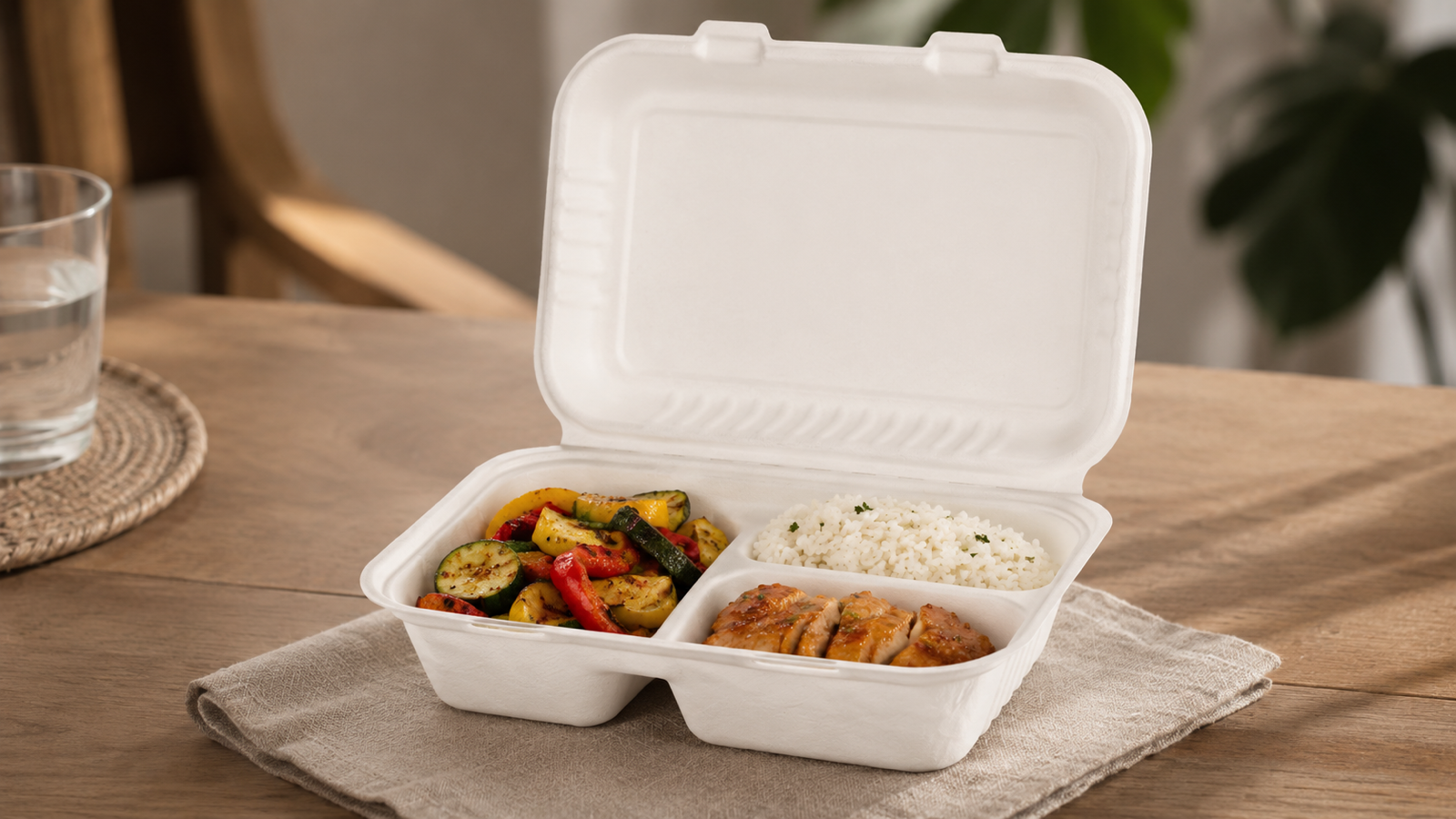 Off-white molded-fiber three-compartment container with a meal