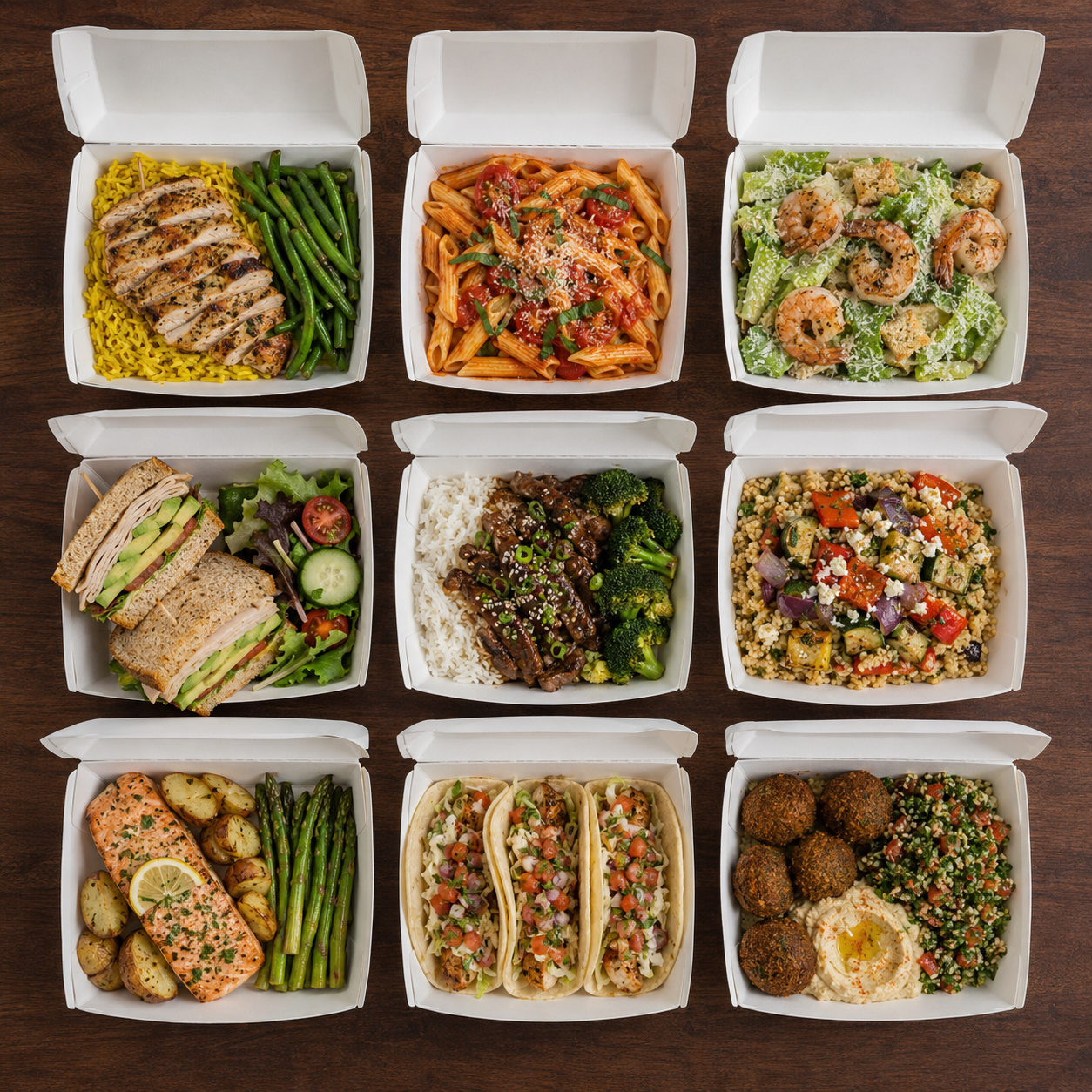 Nine open white foodservice takeout boxes arranged in a three-by-three grid, each holding a different prepared meal