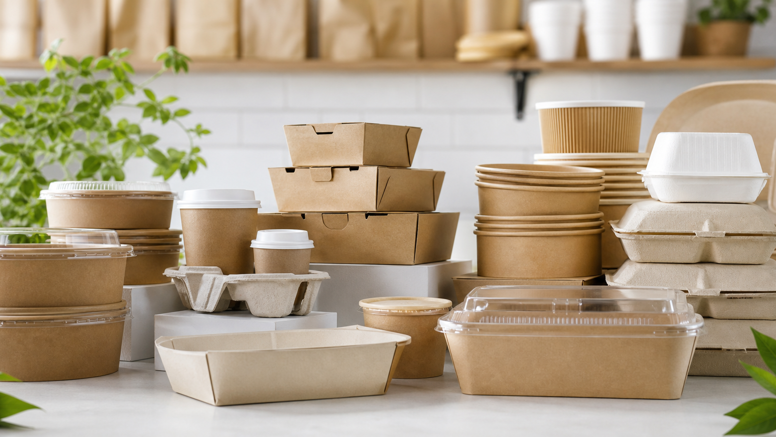 Kraft food boxes, paper cups, bowls and molded-fiber takeaway containers arranged centrally on a counter