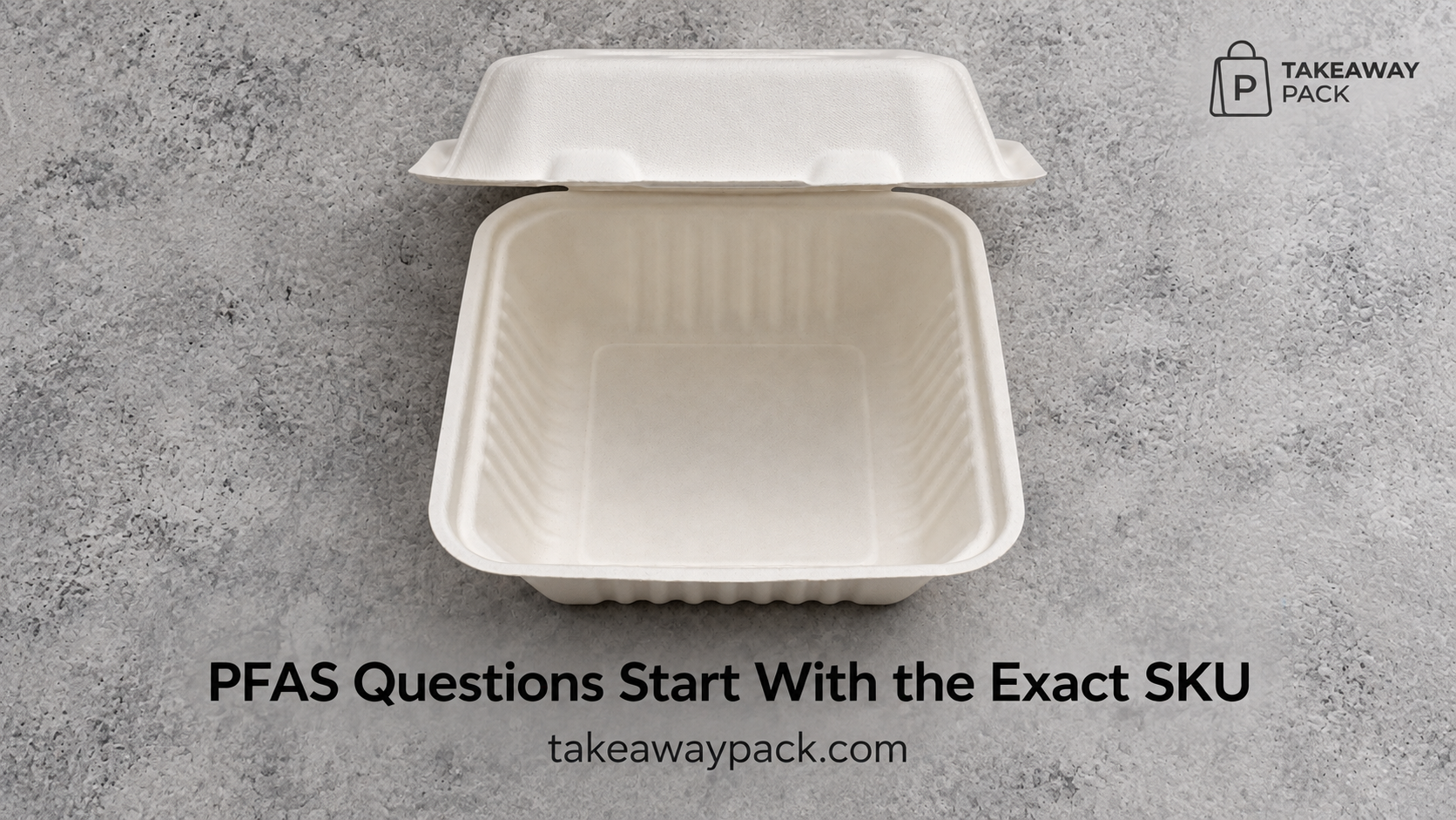 Open white takeaway container on a grey textured surface.