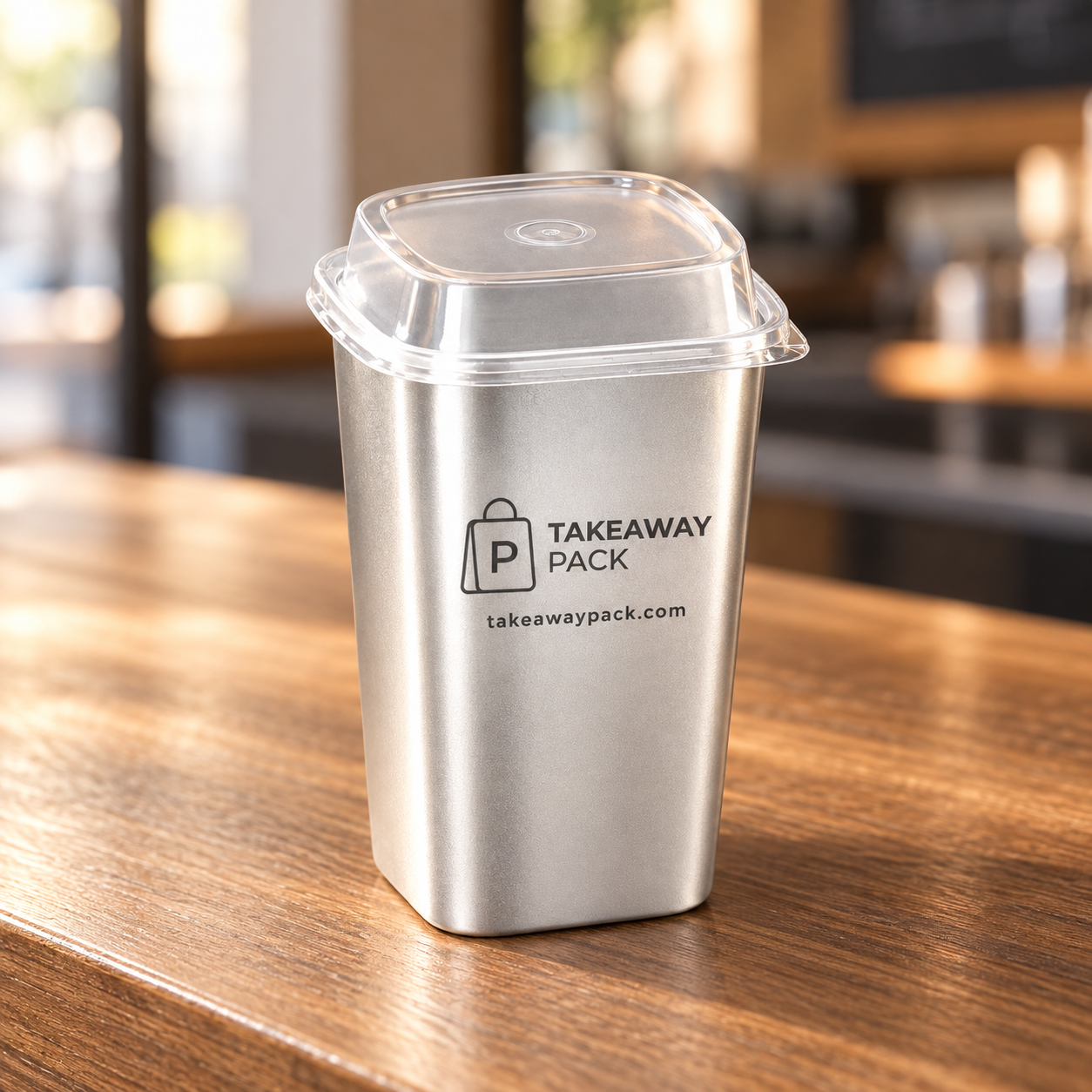 Tall gray rectangular food container with a clear lid, branded Takeaway Pack.