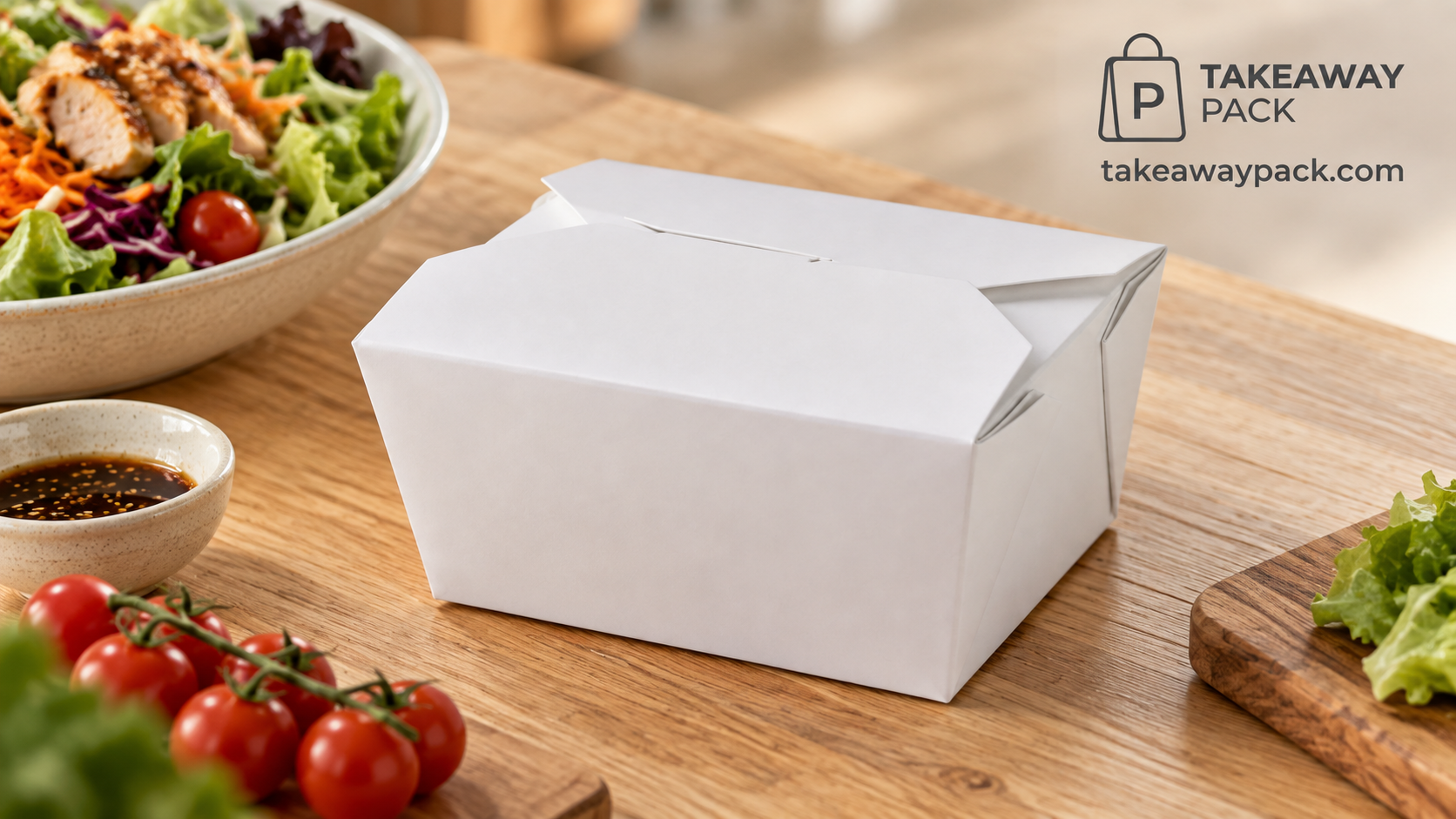 Closed white paper takeaway box on a wooden table beside a chicken salad bowl, a small dish of dressing, vine tomatoes, and lettuce.