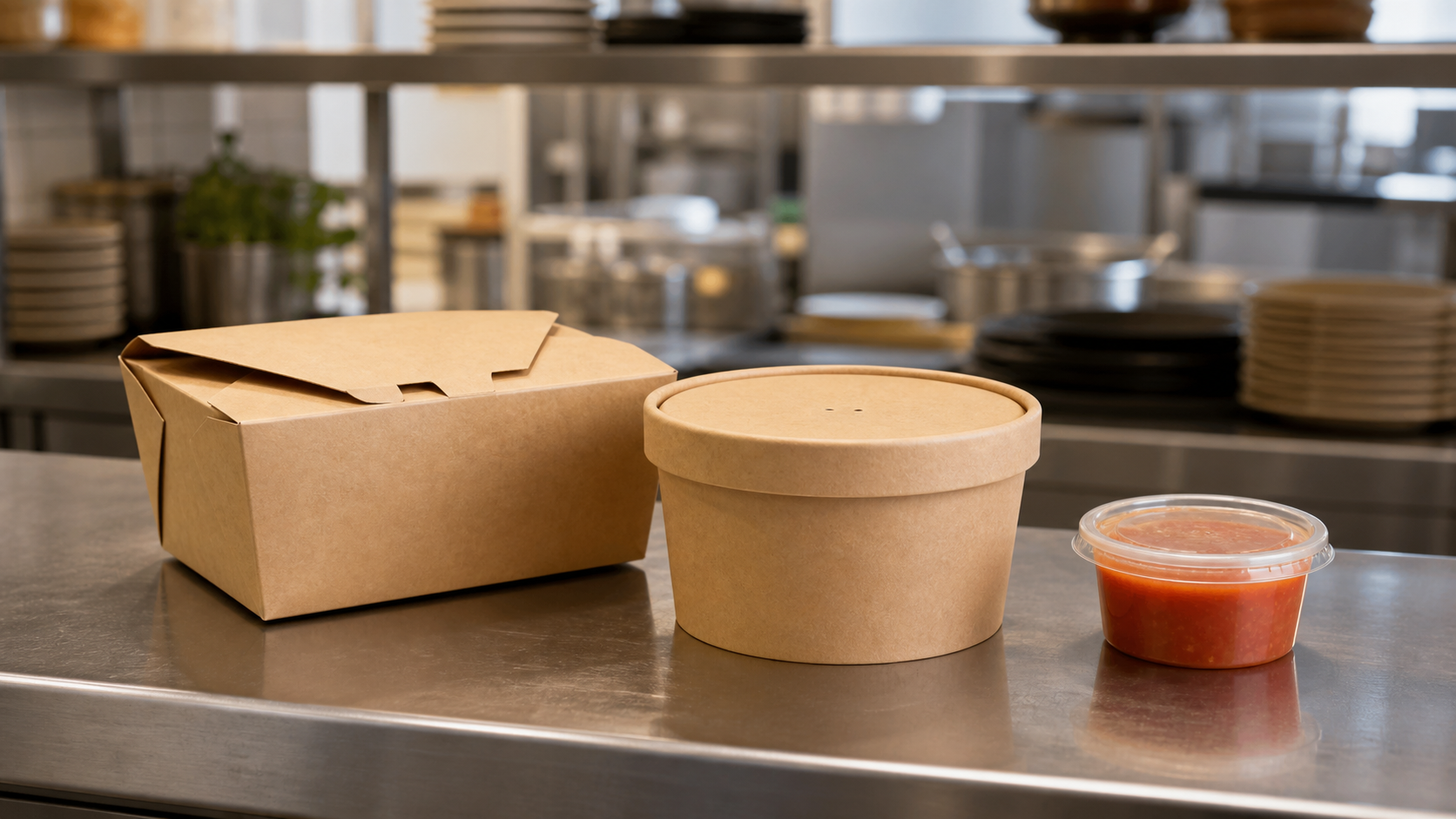 Unbranded kraft takeaway box, lidded soup bowl and sauce cup on a restaurant counter