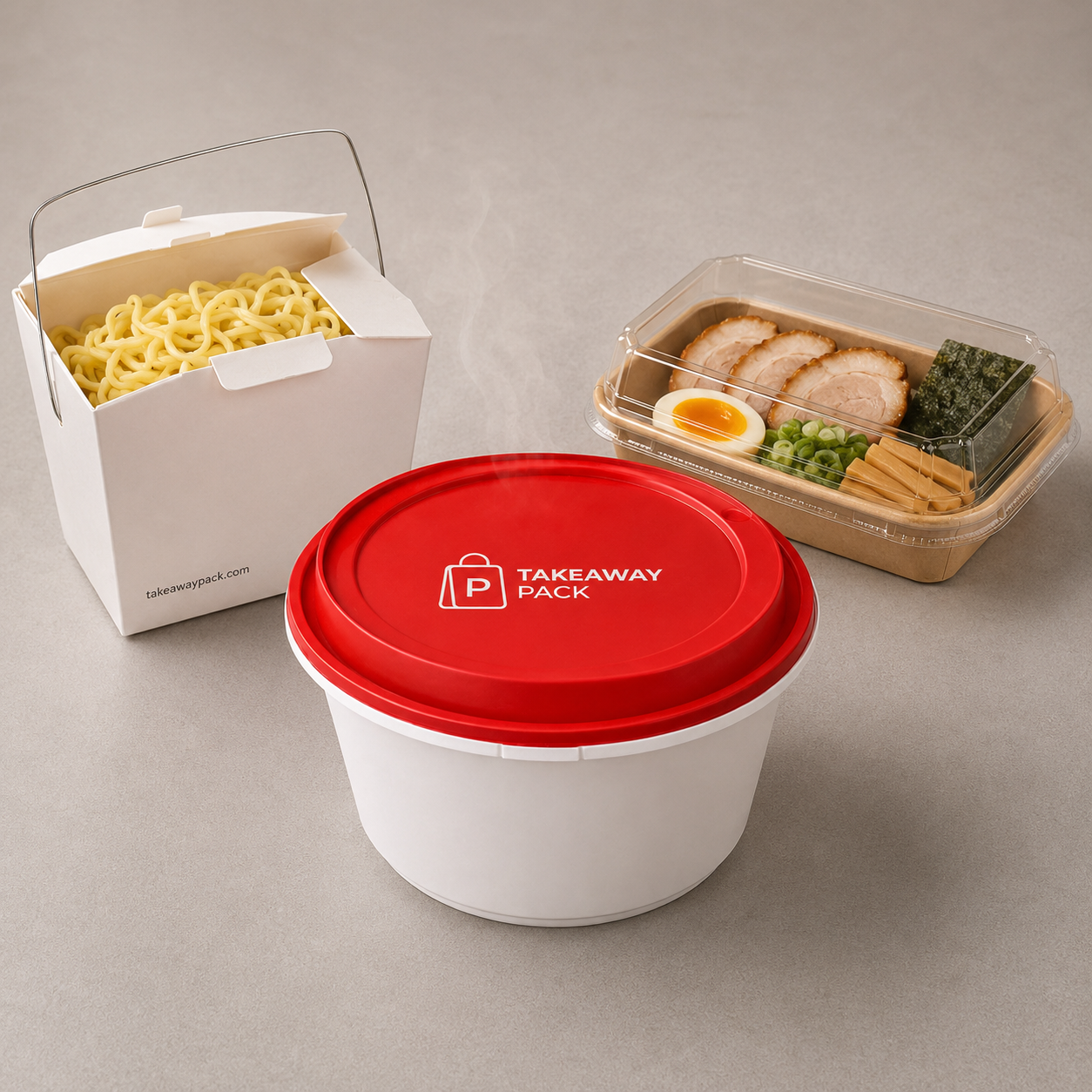Three takeout items: a white box of noodles under a clear lid, a white plastic bowl with a red printed lid, and a clear tray of sliced meat, egg and vegetables.