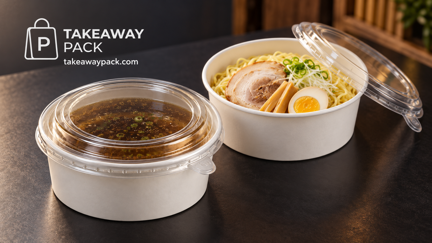 Two white food containers with broth and ramen on a dark counter, branded Takeaway Pack.