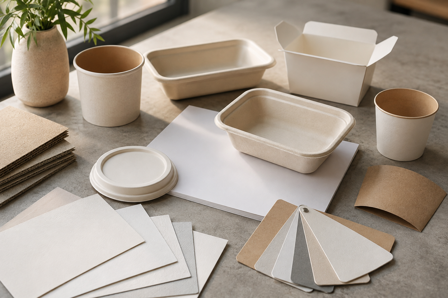 Foodservice cups, lids, trays, cartons, paperboard samples, and material swatches prepared for claim review