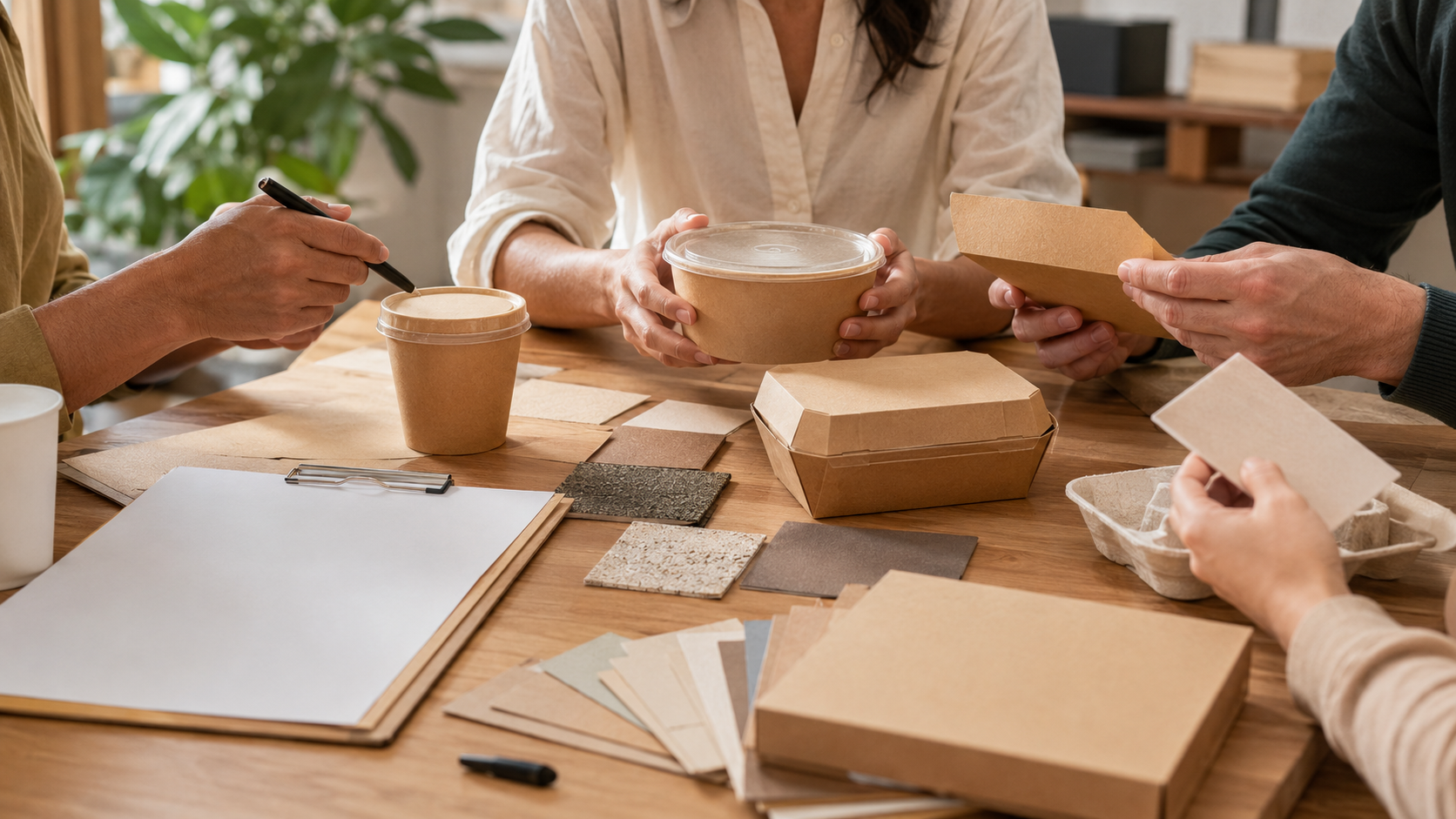 Packaging team reviewing food containers, material swatches, samples, and approval documents
