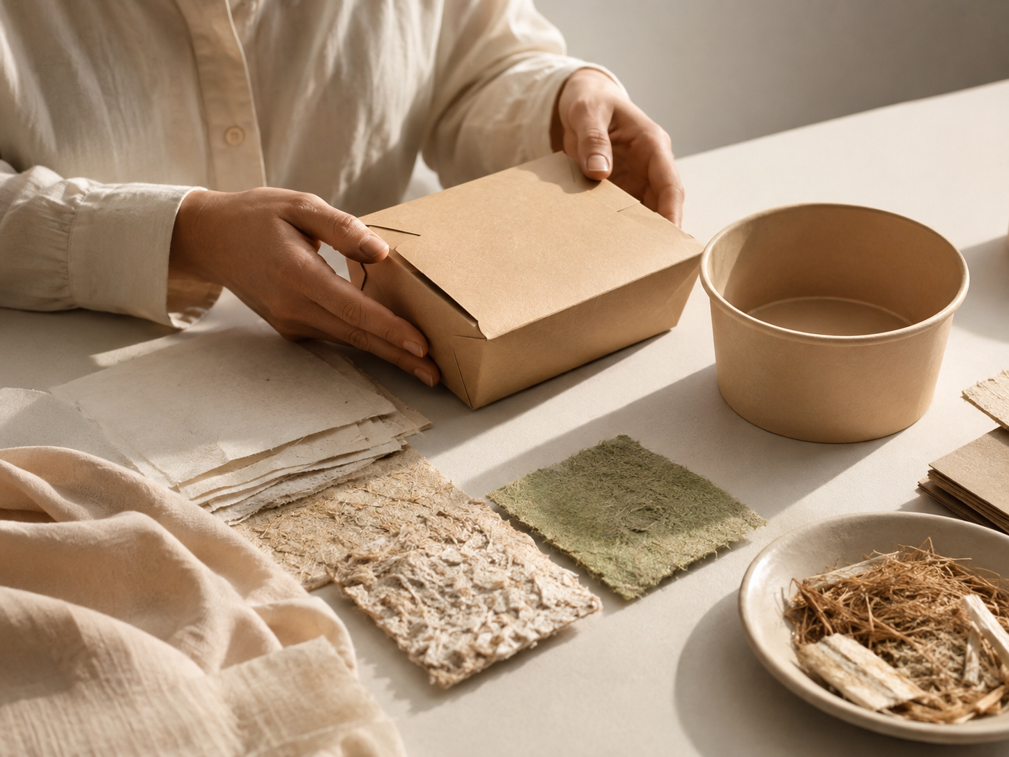Person handling a kraft takeaway box beside a paper bowl and natural-fiber packaging samples