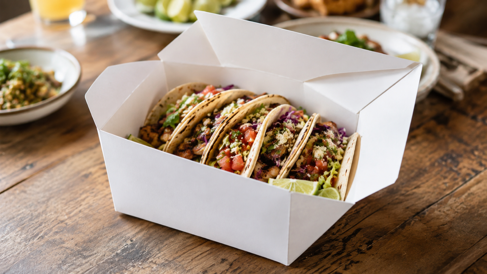 Plain white folded food box with tacos