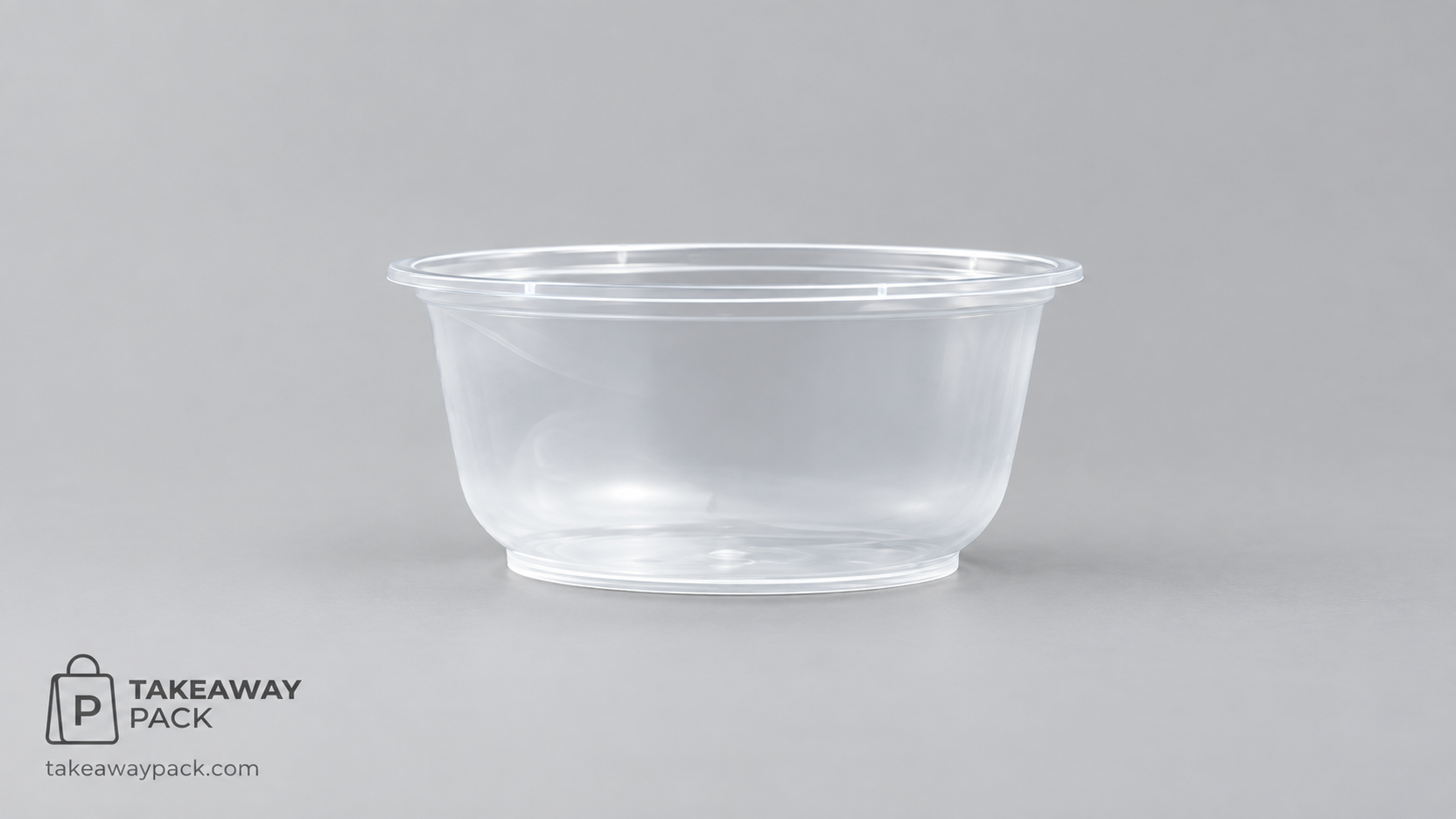 Clear disposable takeaway bowl on a light grey background.