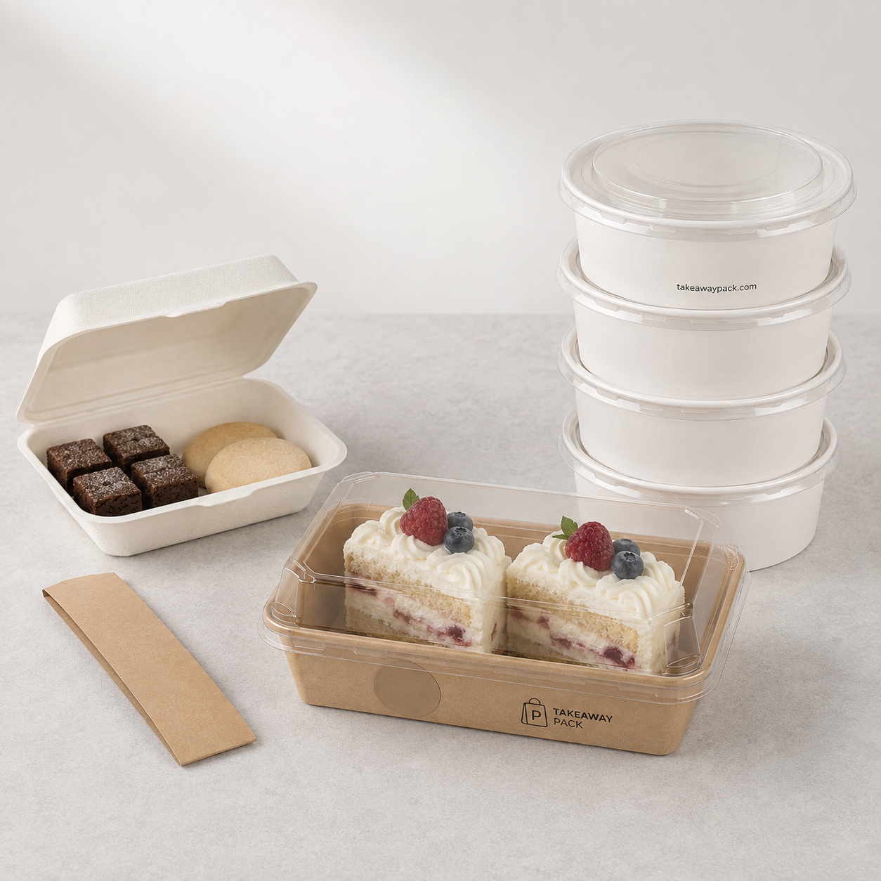 An open white box of brownies and pastries, a stack of white round boxes with clear lids, and a brown box with a clear lid holding two berry-topped cake slices beside a paper band.
