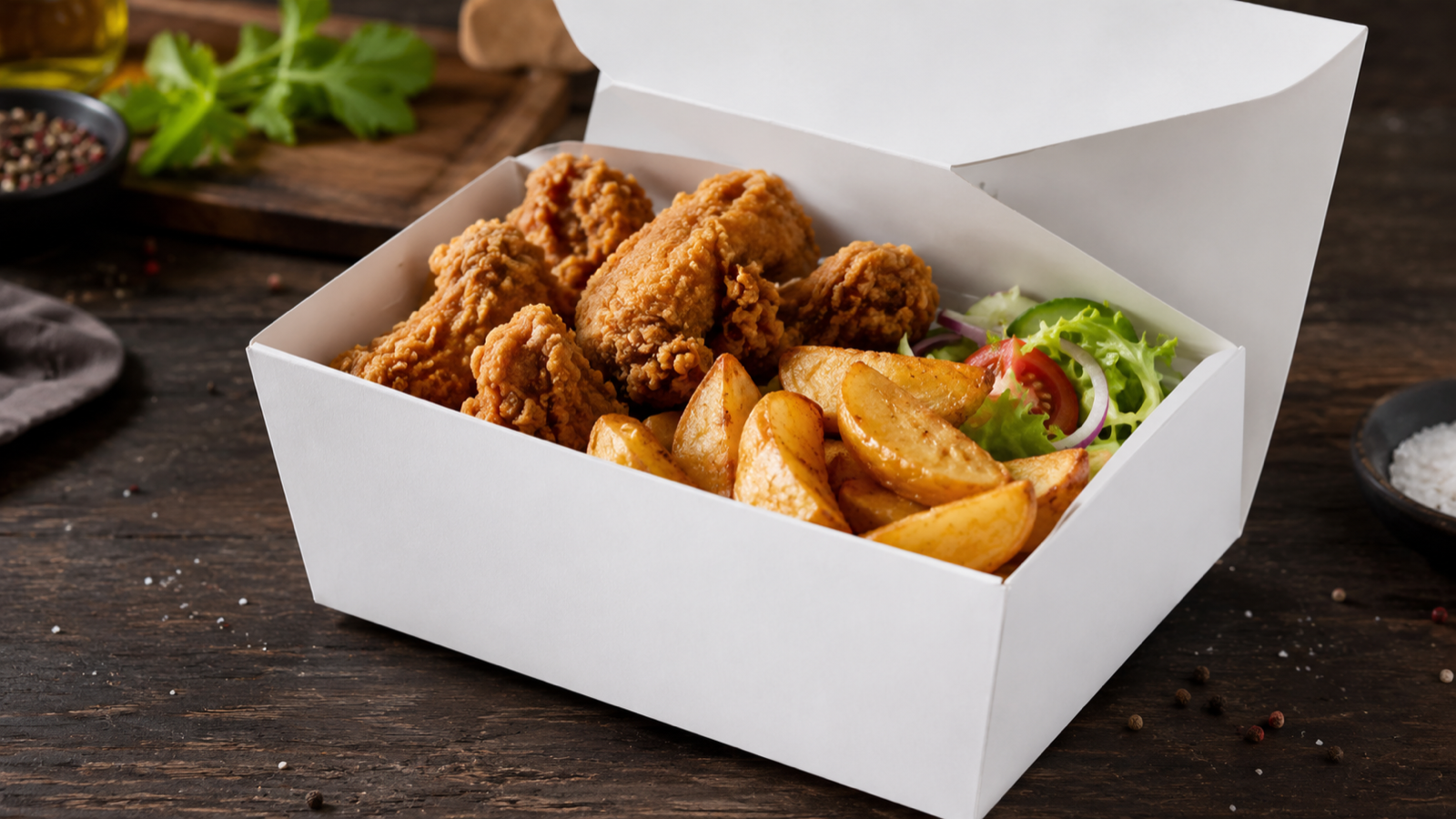 Plain white folded food box with a fried chicken meal