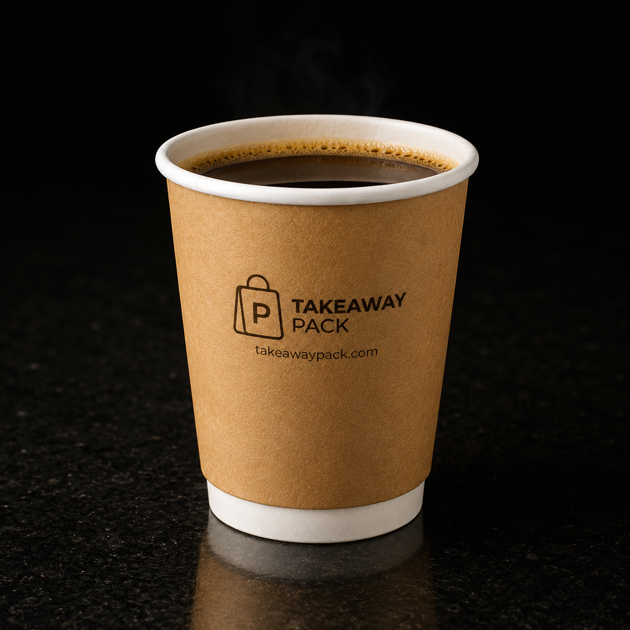 Kraft double-wall paper coffee cup with branded print on a dark stone surface
