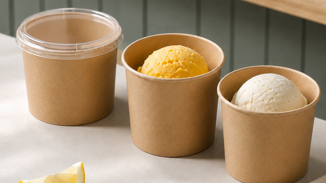 Three unbranded kraft paper food cups arranged centrally on a foodservice counter