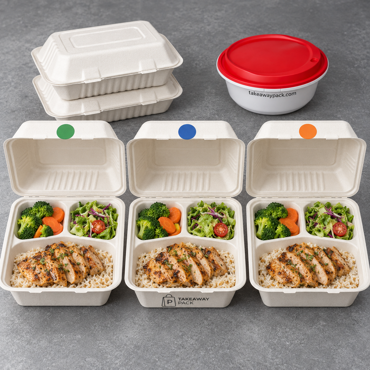 Green, blue and orange round labels sit beside three open meal boxes of chicken, rice and vegetables, with three closed white boxes and a red-lidded container behind them.