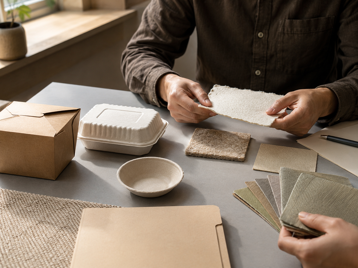 Packaging specialists comparing molded-fiber containers and textured natural-material samples