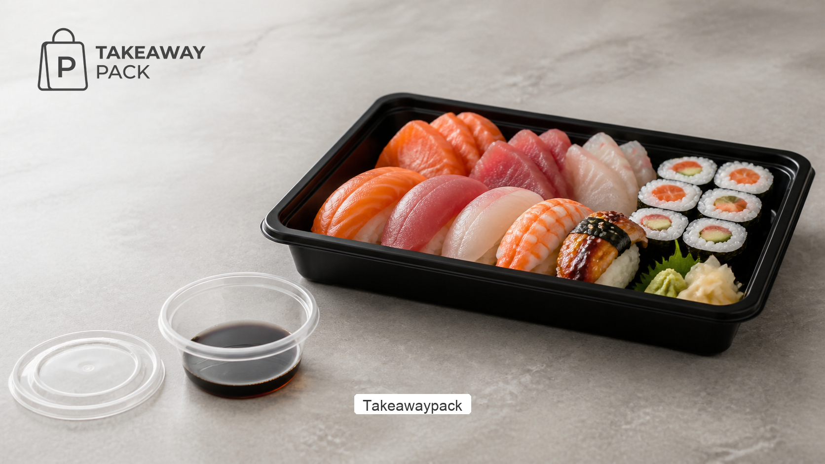 TakeawayPack foodservice packaging scene for Sushi and Sashimi Takeout Packaging: Clear Containers, Sauce Cups and Crush-Resistant Cold Transport