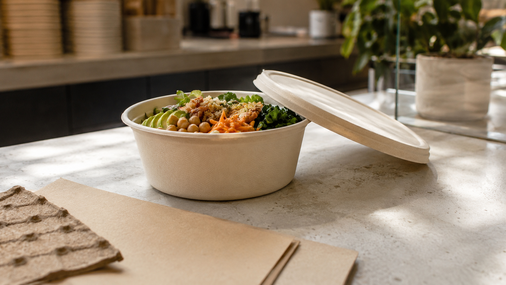 Filled molded-fiber food bowl with a separate lid and kraft packaging material samples